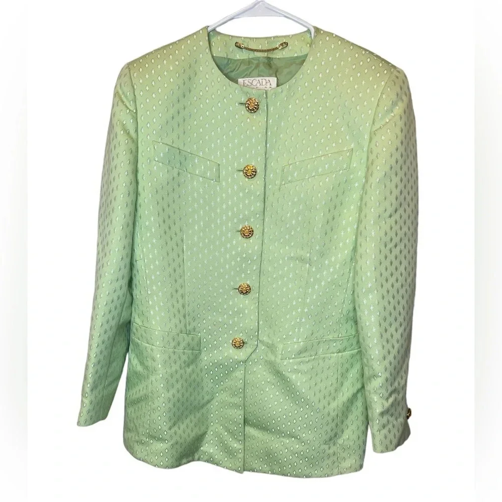 ESCADA Couture Women's Light Green Blazer Jacket Diamond Pattern Size 40